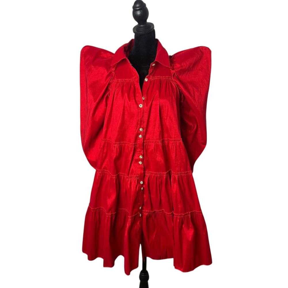 Avant Garde Dramatic Statement Puff Sleeve Rhinestone Tiered Dress Womens S Red